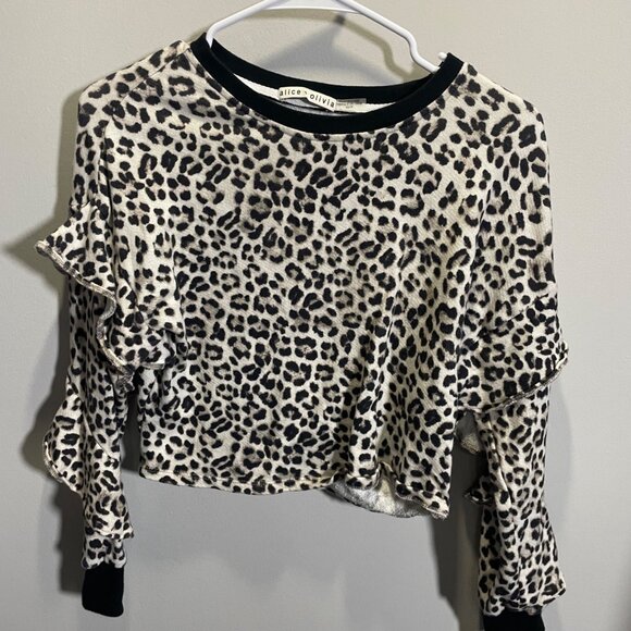 Alice + Olivia Leopard Print Ruffle Sleeve Top XS Black/White - Picture 2 of 5